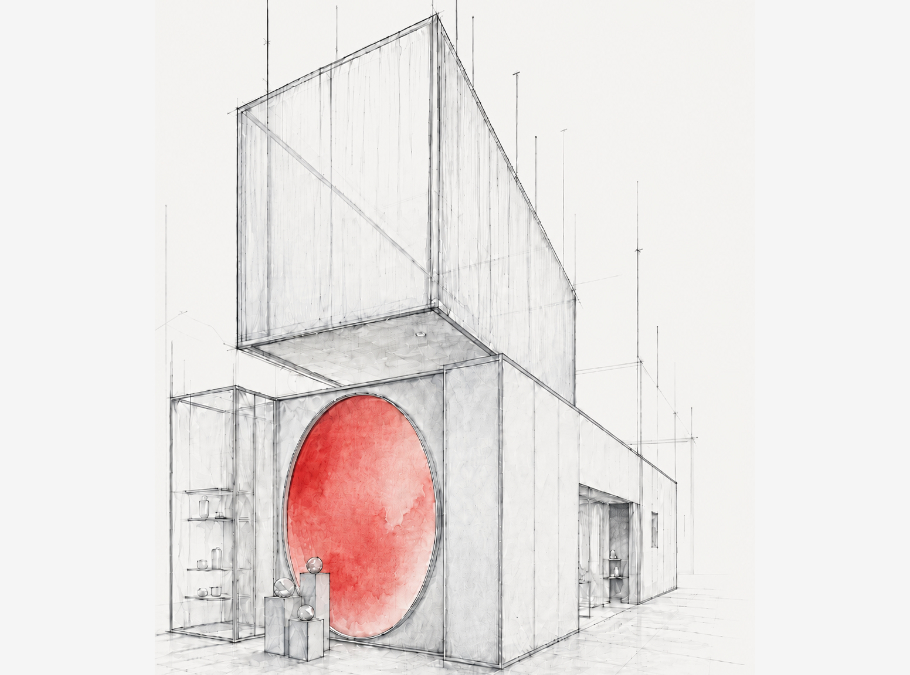Boceto arquitectónico de un stand advanceXR, con un gran círculo rojo como gesto central.